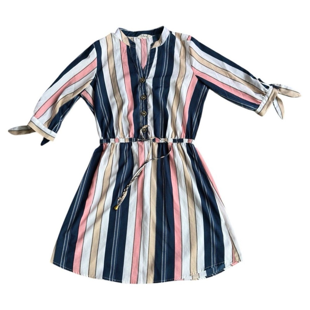 Striped Button Front Mini Dress Small Tie Waist Preppy Coastal Summer